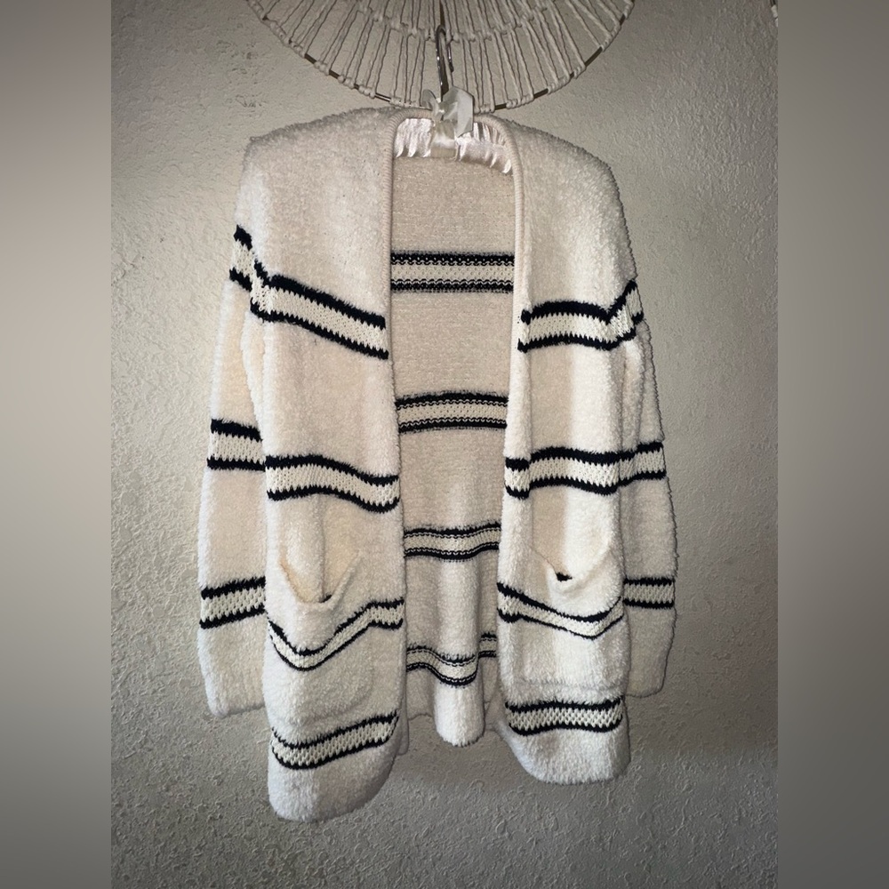 Madewell White and Black Striped Cardigan Sweater